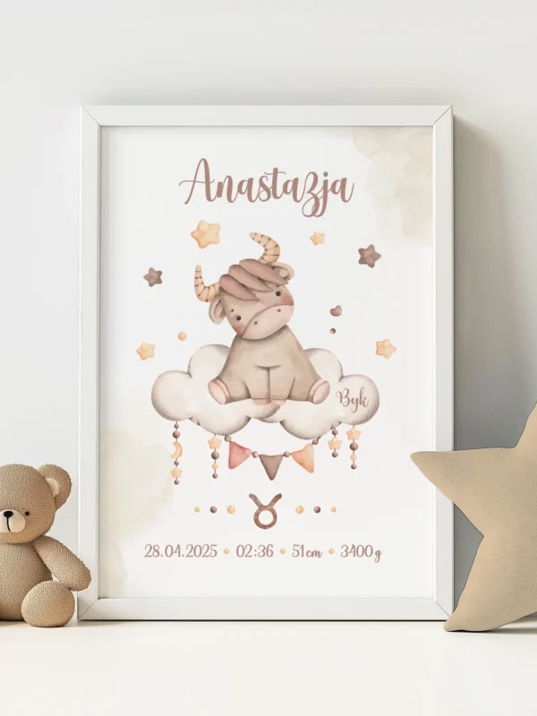 Metryczka dla dziecka Byk – personalizowany plakat z imieniem i metryczką urodzenia