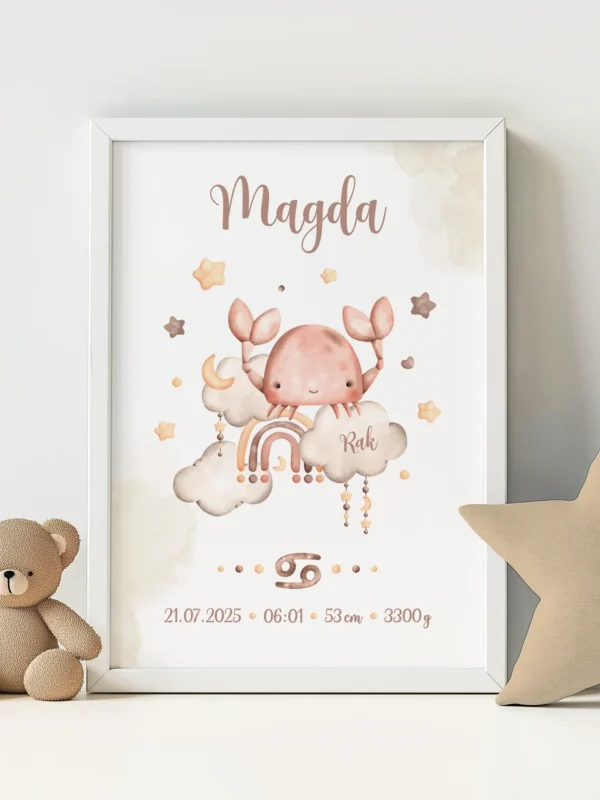 Metryczka dla dziecka Rak – personalizowany plakat z imieniem i metryczką urodzenia