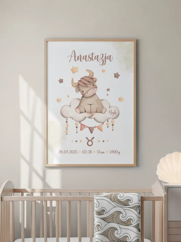 Metryczka dla dziecka Byk w ramce – dekoracja pokoju dziecka