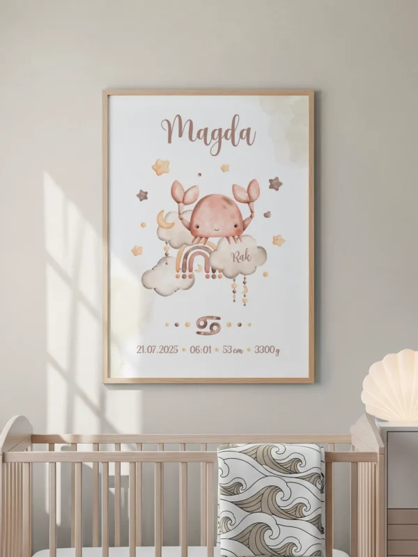 Metryczka dla dziecka Rak w ramce – dekoracja pokoju dziecka