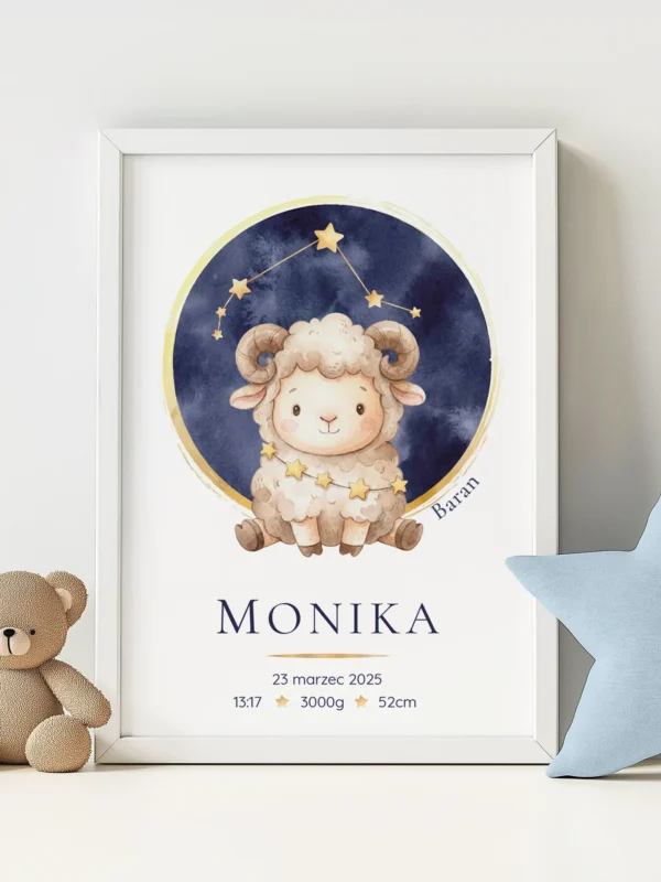 Metryczka dla dziecka Konstelacja Baran – personalizowany plakat z imieniem, datą urodzenia i gwiezdną konstelacją