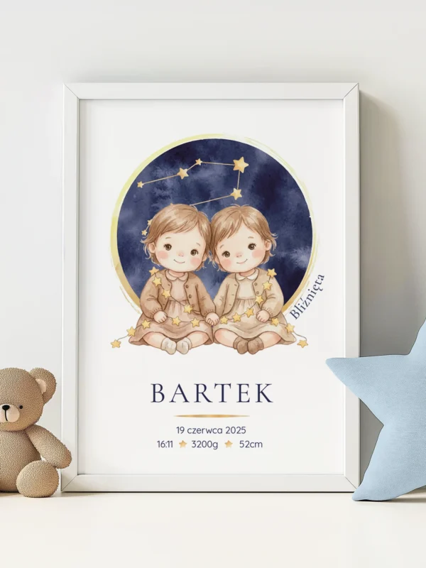 Metryczka dla dziecka Konstelacja Bliźnięta – personalizowany plakat z imieniem i metryczką urodzenia