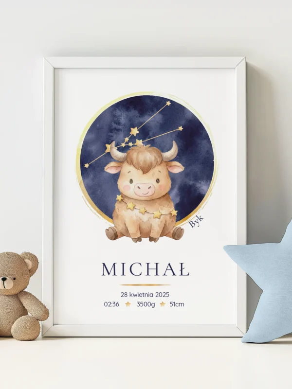 Metryczka dla dziecka Konstelacja Byk – personalizowany plakat z imieniem i metryczką urodzenia