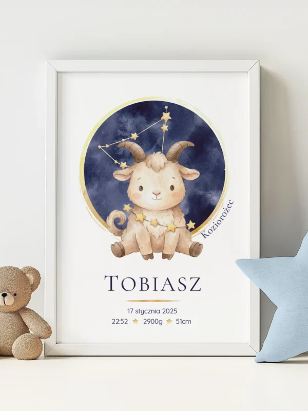 Metryczka dla dziecka Konstelacja Koziorożec – personalizowany plakat z imieniem i metryczką urodzenia
