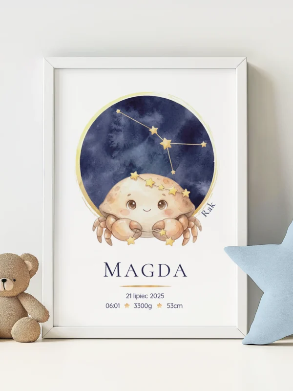 Metryczka dla dziecka Konstelacja Rak – personalizowany plakat z imieniem i metryczką urodzenia