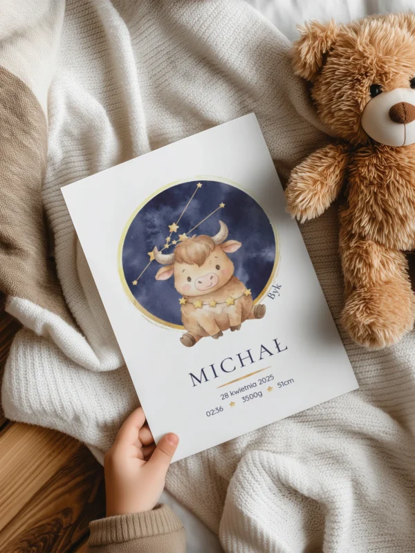 Metryczka dla dziecka Konstelacja Byk w ramce – dekoracja pokoju dziecka