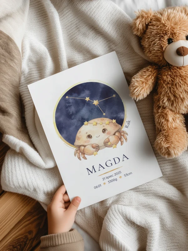 Metryczka dla dziecka Konstelacja Rak w ramce – dekoracja pokoju dziecka